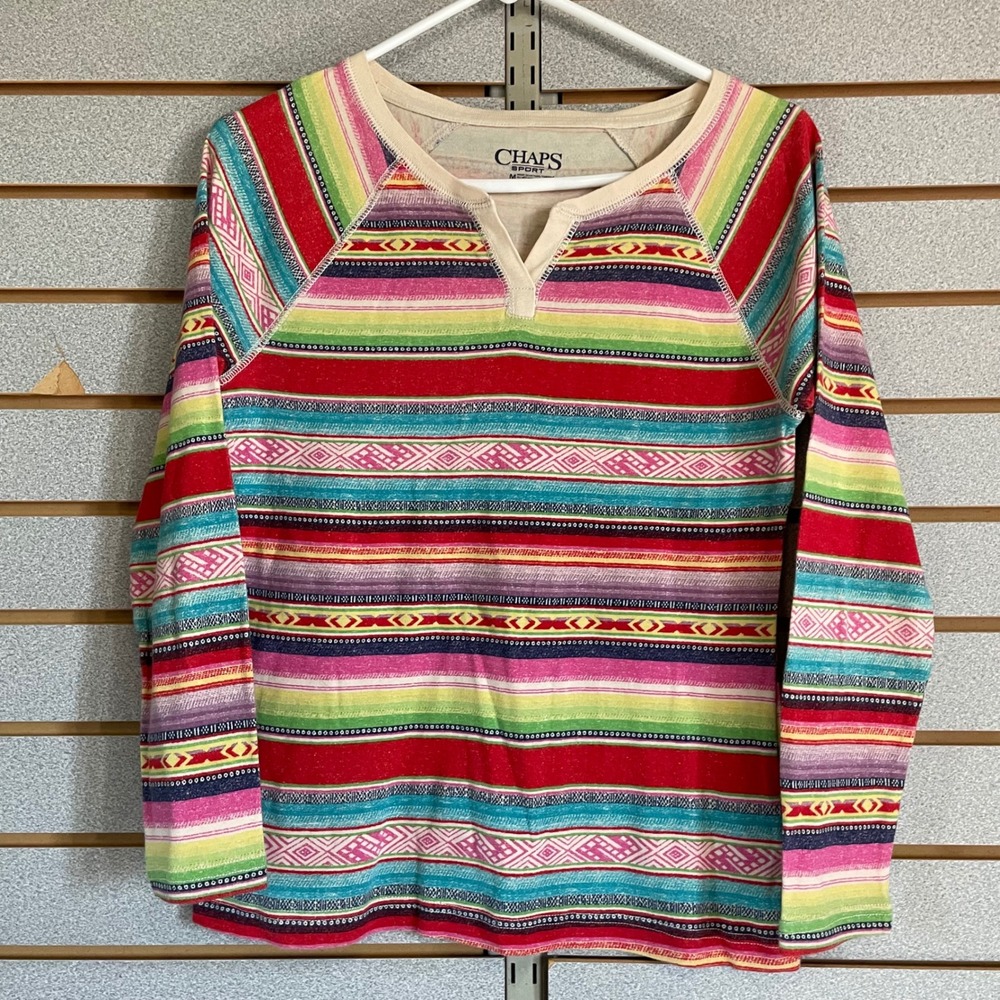Chaps Sport Women's Multi Color Striped V Neck‎ Long Sleeve Shirt Aztec  Size M